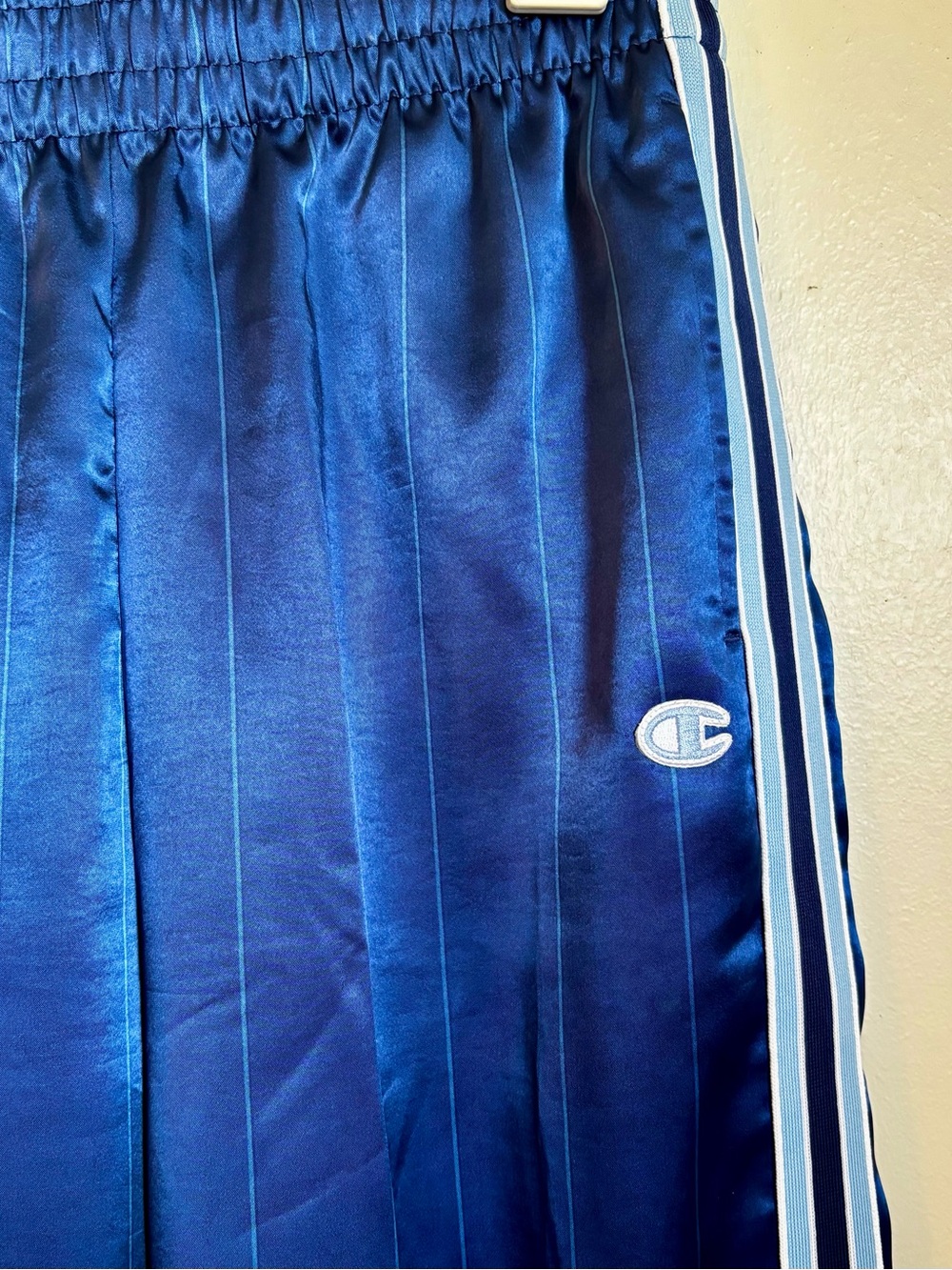 Champion Royal Blue Satin Joggers with White Side Stripes